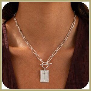 Gold Plated and Silver Plated Cross Pendant Necklace with Toggle Clasp